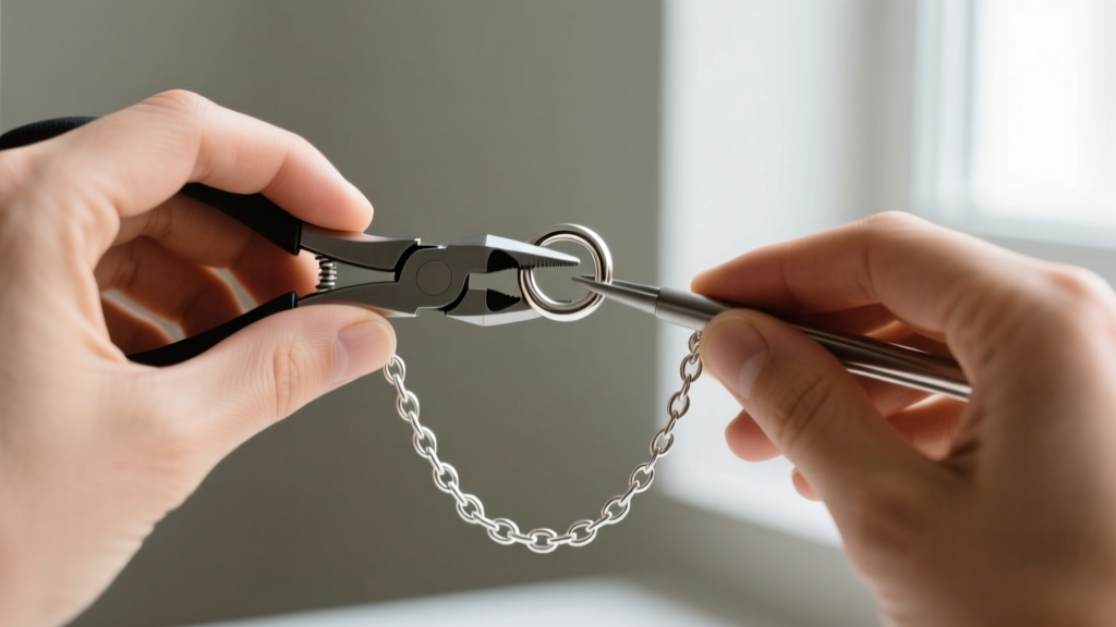 Jeweler using nylon-jaw pliers to close a 20-gauge stainless steel jump ring on a delicate childrens silver cable chain necklace.
