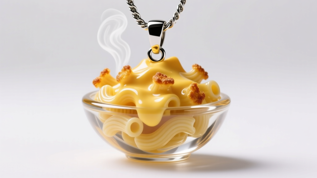 Glossy epoxy resin pendant shaped like a bowl of macaroni and cheese on a steel rope chain under bright studio lighting.
