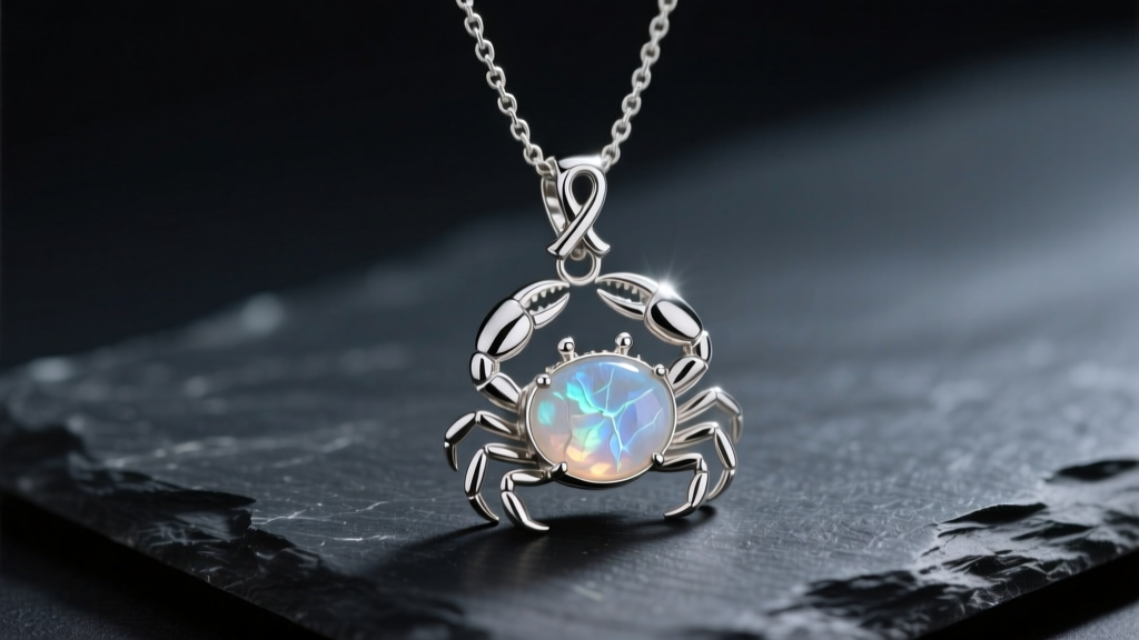 Close-up of a sterling silver cancer zodiac necklace with a glowing raw moonstone crab pendant resting on a dark slate surface.