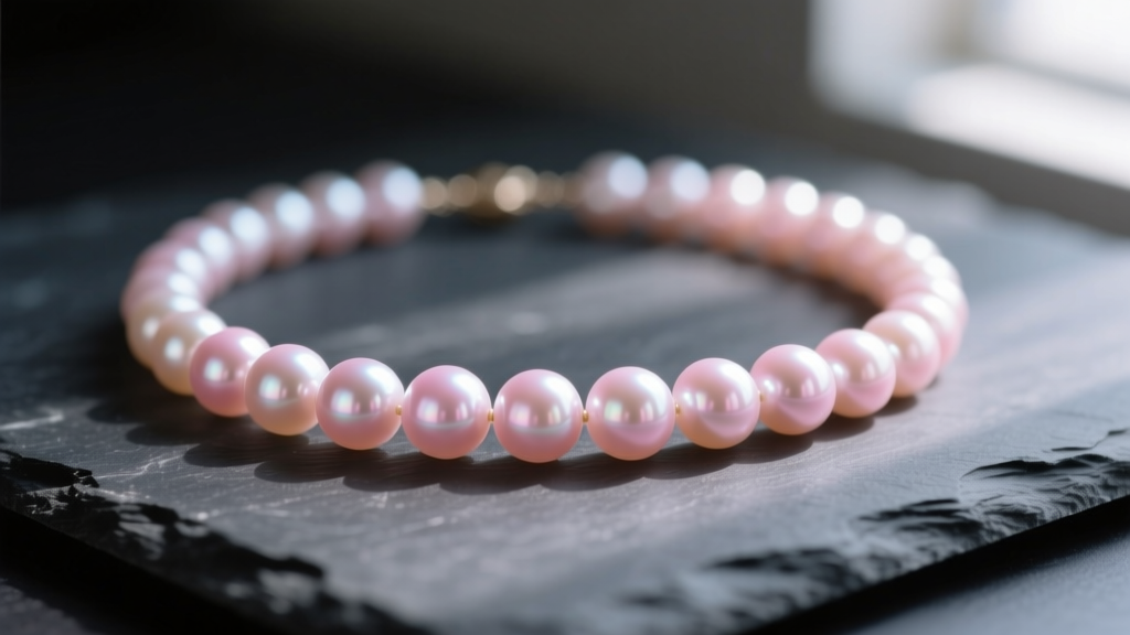 Close-up of a graduated pink freshwater pearl necklace on dark slate, highlighting soft pastel overtones and high luster