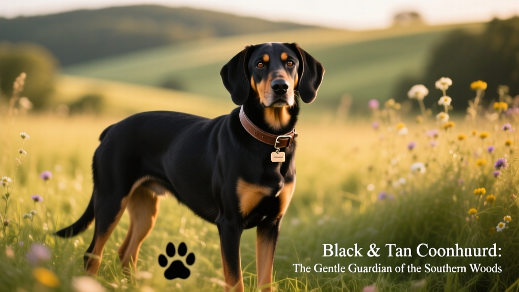 black and tan coonhound standing in grass head tilted