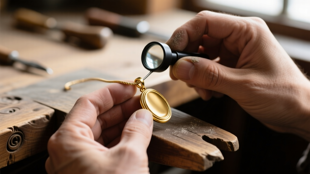 Close-up of jeweler hands using a loupe to inspect the soldered bail of a custom gold pendant on a wooden workbench.