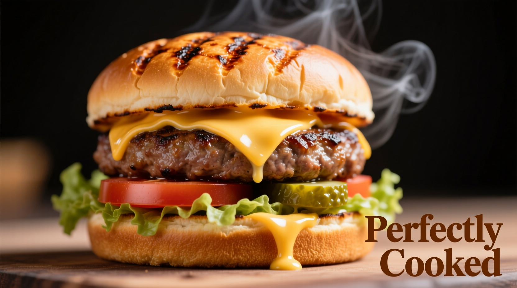 Perfectly cooked frozen burger with melted cheese on toasted bun