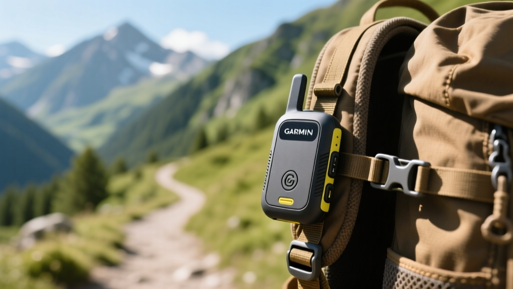 Garmin inReach Mini 2 satellite messenger clipped to a hiking backpack shoulder strap against a blurred mountain trail background in bright daylight