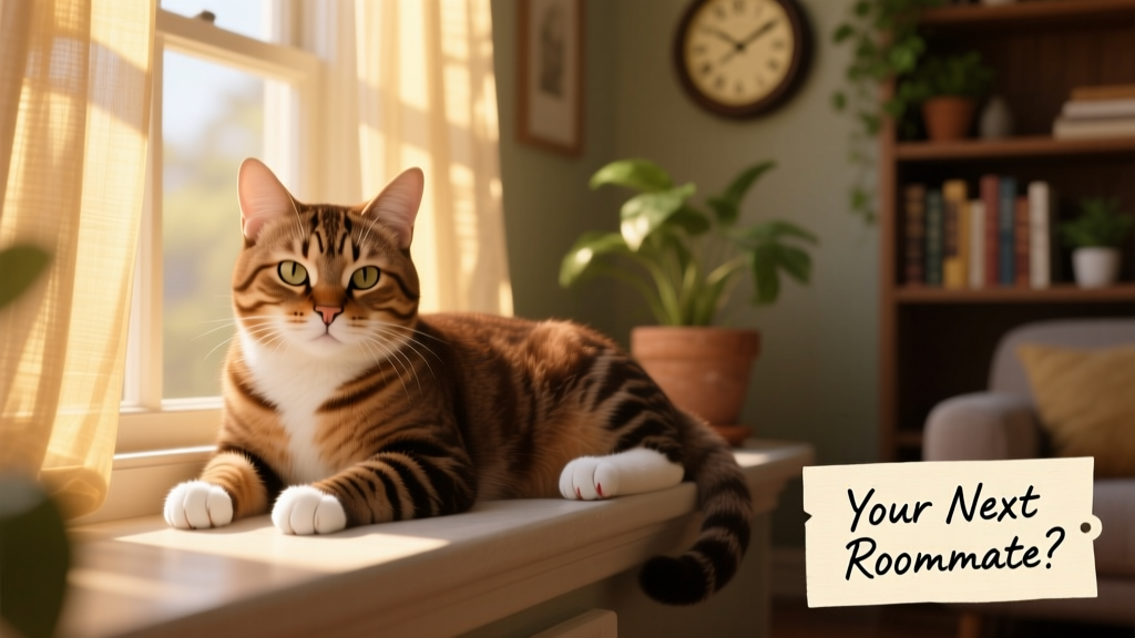 Domino, a brown-tabby Domestic Shorthair with white paws, napping contentedly on a sunlit windowsill