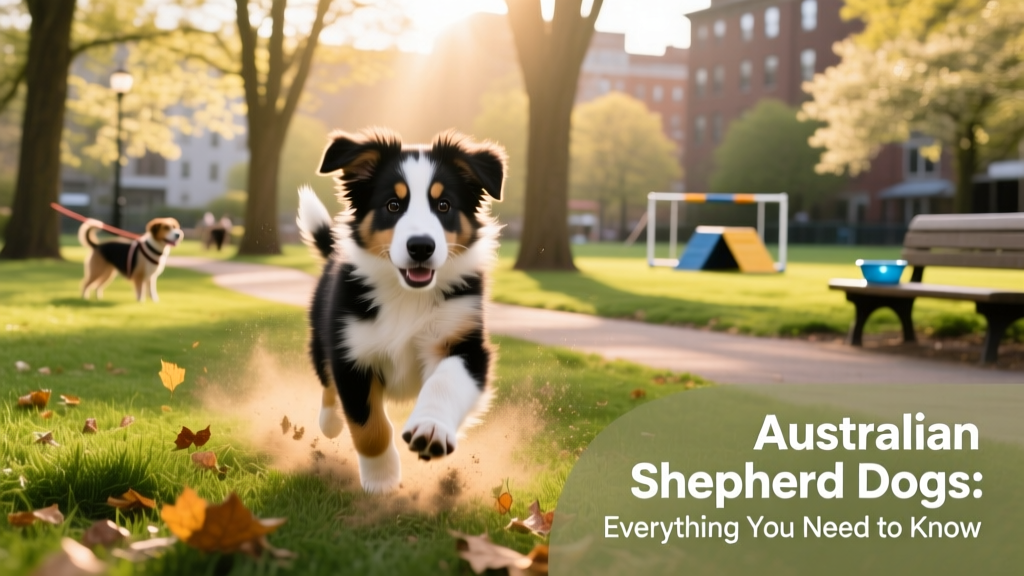 An Australian Shepherd puppy running playfully through a sunlit park