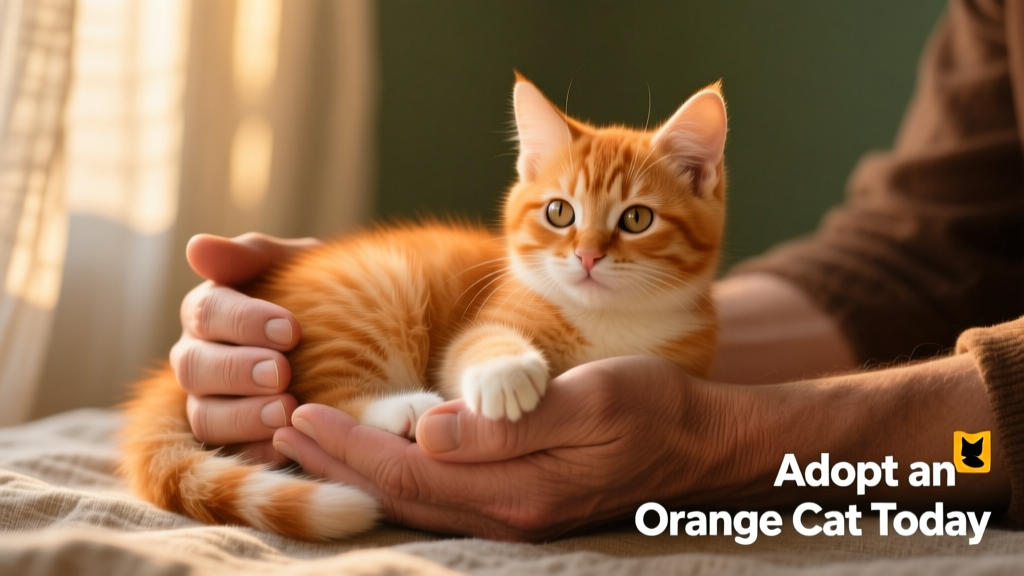 Two hands gently holding a relaxed orange kitten, showing trust and connection during a shelter meet-and-greet