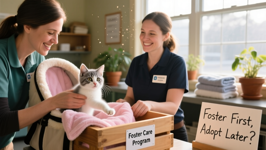 A volunteer gently placing a kitten into a soft carrier while a shelter staff member smiles nearby