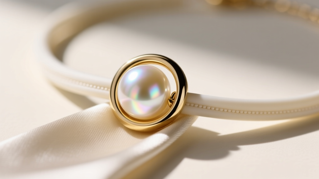 Macro shot of high-luster Akoya pearl sliding through silicone-lined 14k gold o-ring clasp on delicate necktie lariat