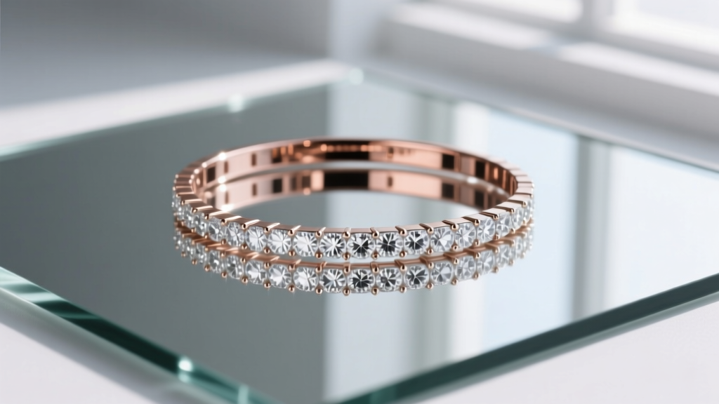Close-up of copper-free silver-backed mirror glass reflecting a diamond tennis bracelet, highlighting flawless edge clarity
