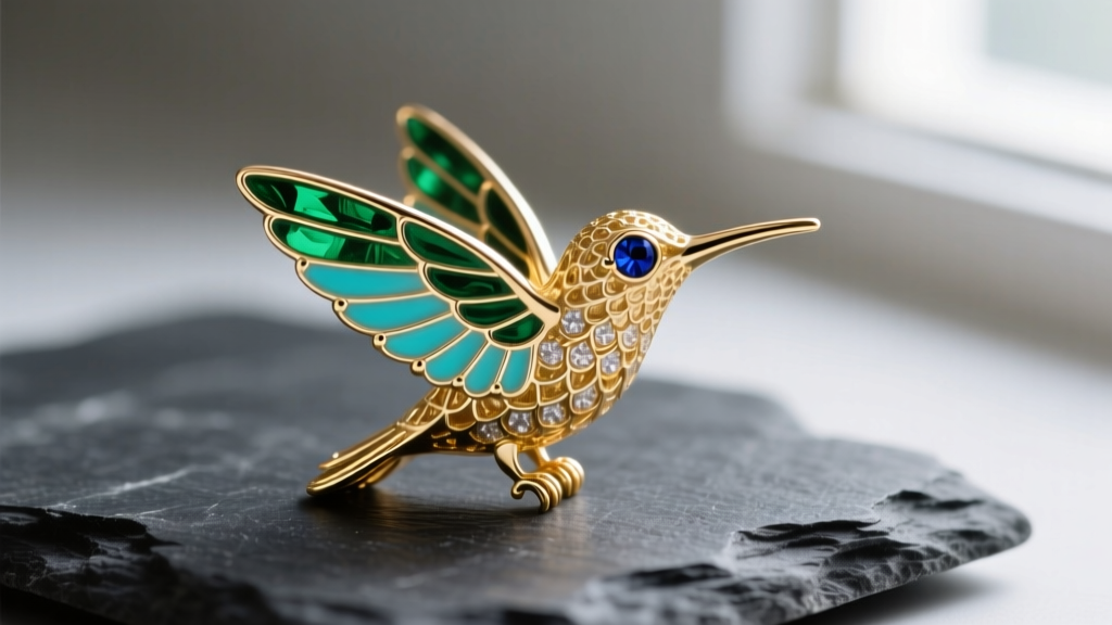 Macro shot of a solid 14k gold hummingbird earring with green plique-à-jour enamel wings and a sapphire eye resting on dark slate
