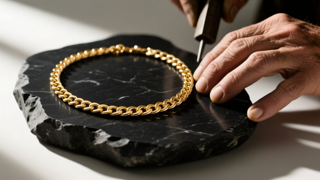 Vintage gold chain necklace resting on a black basalt testing stone, beside a jeweler's loupe and a hallmark stamp in warm lighting.
