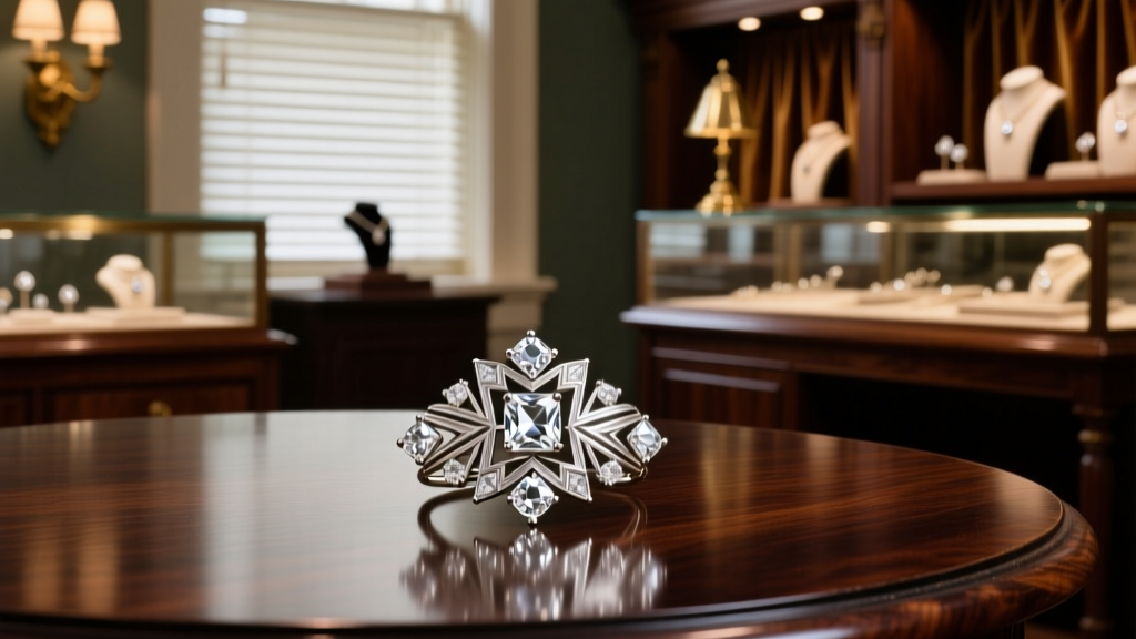 Macro shot of an Art Deco diamond brooch on a dark mahogany table inside a softly lit Raleigh NC antique jewelry boutique