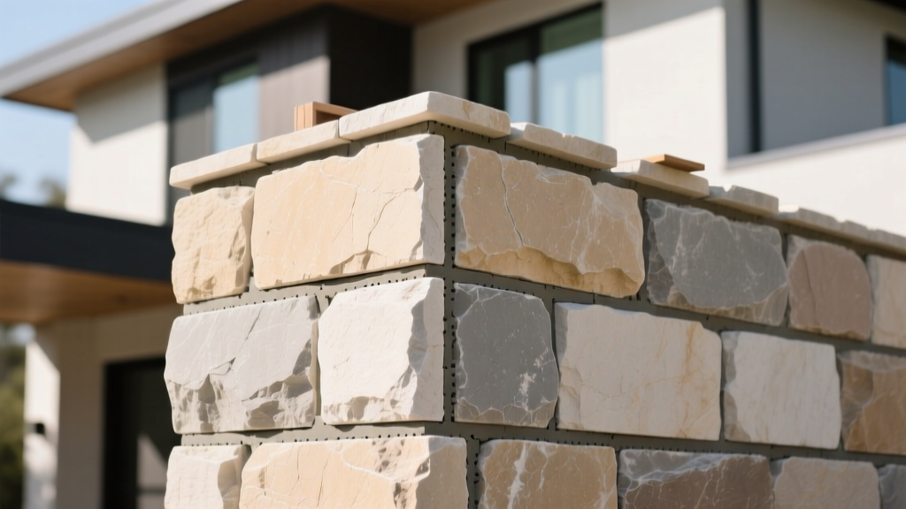 Close-up of large rectangular castle cut limestone veneer blocks with tight mortar joints being installed on a modern exterior home facade