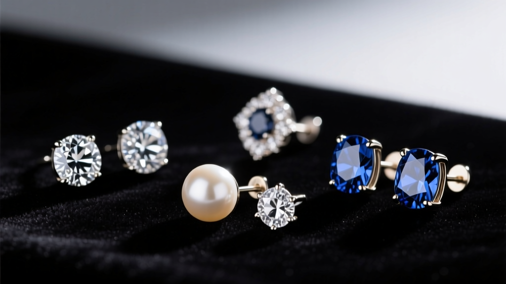 Macro shot of diverse symbolic stud earrings including diamond, pearl, and sapphire on dark velvet under soft gallery lighting.