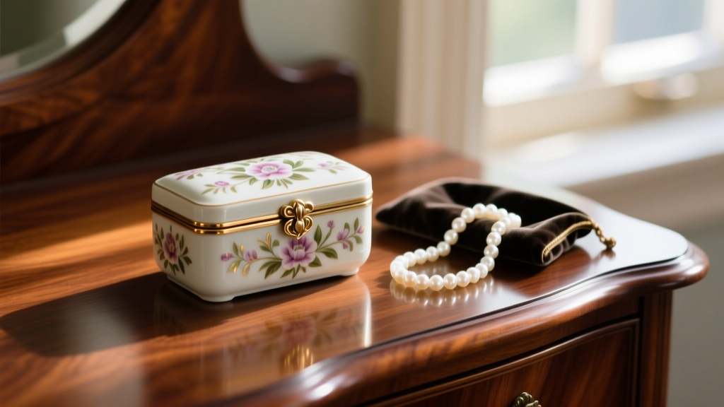 Vintage Limoges porcelain jewelry box with a brass clasp resting on a mahogany dresser beside a delicate strand of white pearls.