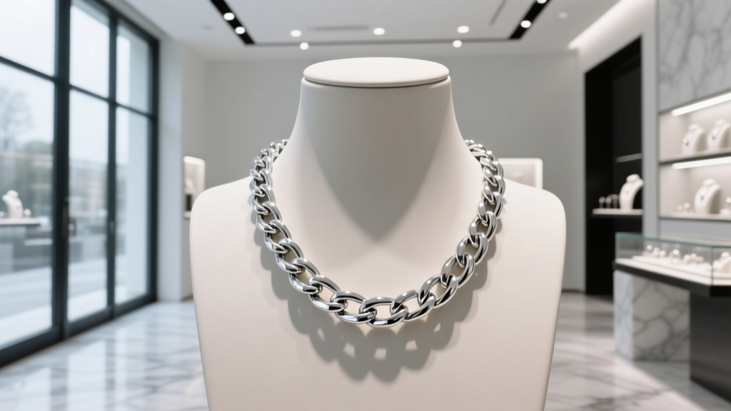 A 10mm 925 sterling silver Cuban link chain with a mirror lucido finish draped over a mannequin neck in a bright jewelry boutique.