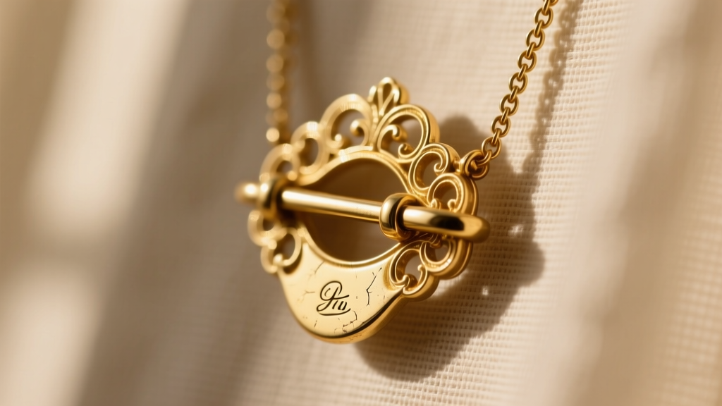 Close-up of a vintage gold necklace clasp with a tiny maker