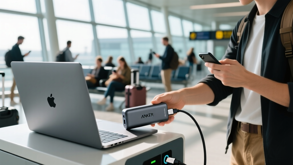 Travel blogger plugging a 140W USB-C cable from an Anker Prime power bank into a MacBook Pro at a crowded airport gate charging station.