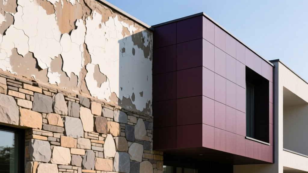 Exterior wall contrasting budget stone veneer with faded paint next to premium deep-pigmented architectural masonry