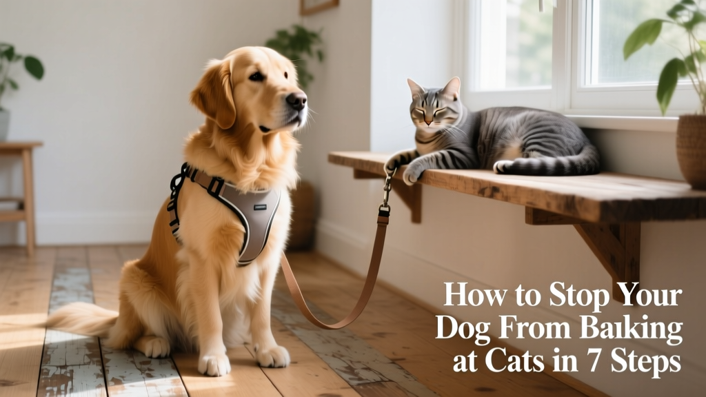 A dog wearing a lightweight harness and leash, calmly seated beside its owner while a cat lounges peacefully on a nearby shelf