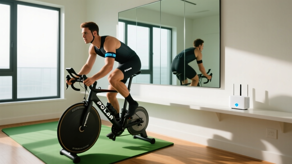 Cyclist wearing Polar H10 chest strap doing Zone 2 intervals on smart trainer in home gym with Wi-Fi mesh router node on adjacent shelf