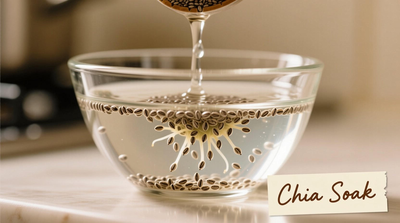 Chia seeds soaking in liquid before blending