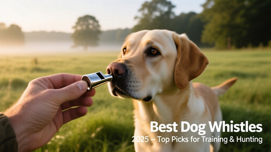 A hand holding a compact silver dog whistle near a calm, attentive Labrador Retriever outdoors