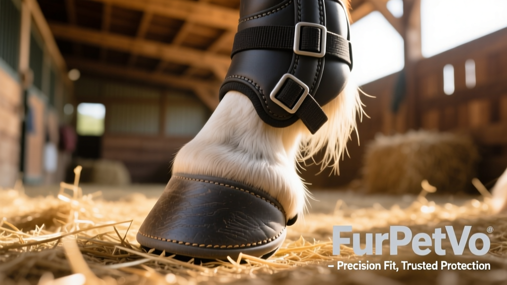 A close-up of a well-fitted FurPetVo hoof boot on a horse’s front hoof, showing secure Velcro straps and clean sole contact