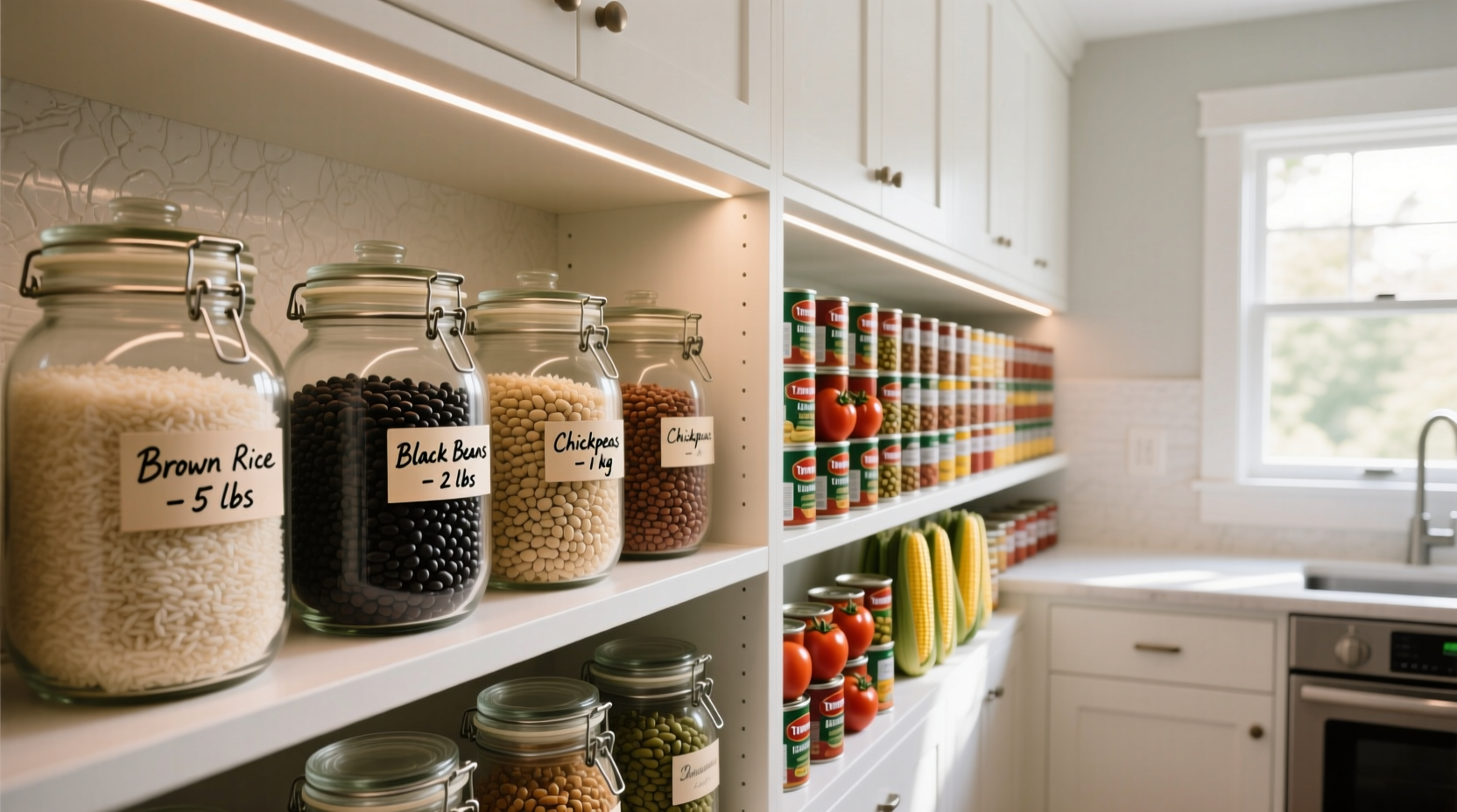 Organized pantry with labeled jars of rice beans and canned goods