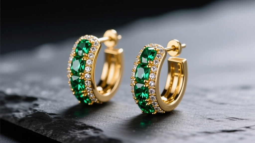 Macro shot of 14k gold gemstone huggie earrings with emerald pave on dark slate, soft studio lighting highlighting metal.