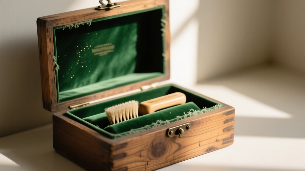 Interior view of a rustic wooden jewelry box with faded emerald green velvet lining, cleaned gently using a soft-bristle brush