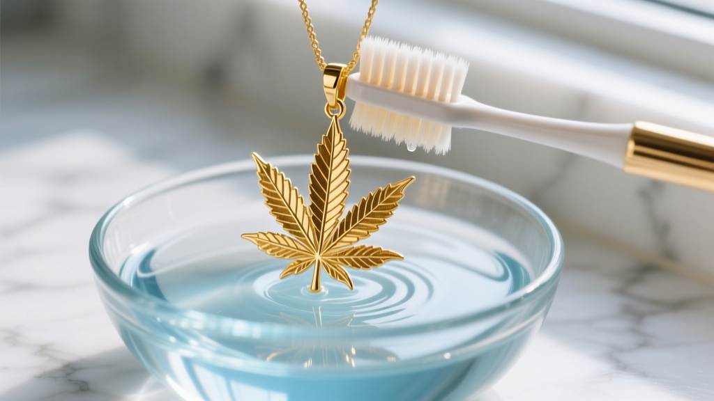 Soft-bristled toothbrush gently scrubbing intricate veins of a gold-plated cannabis leaf pendant submerged in mild soapy water.