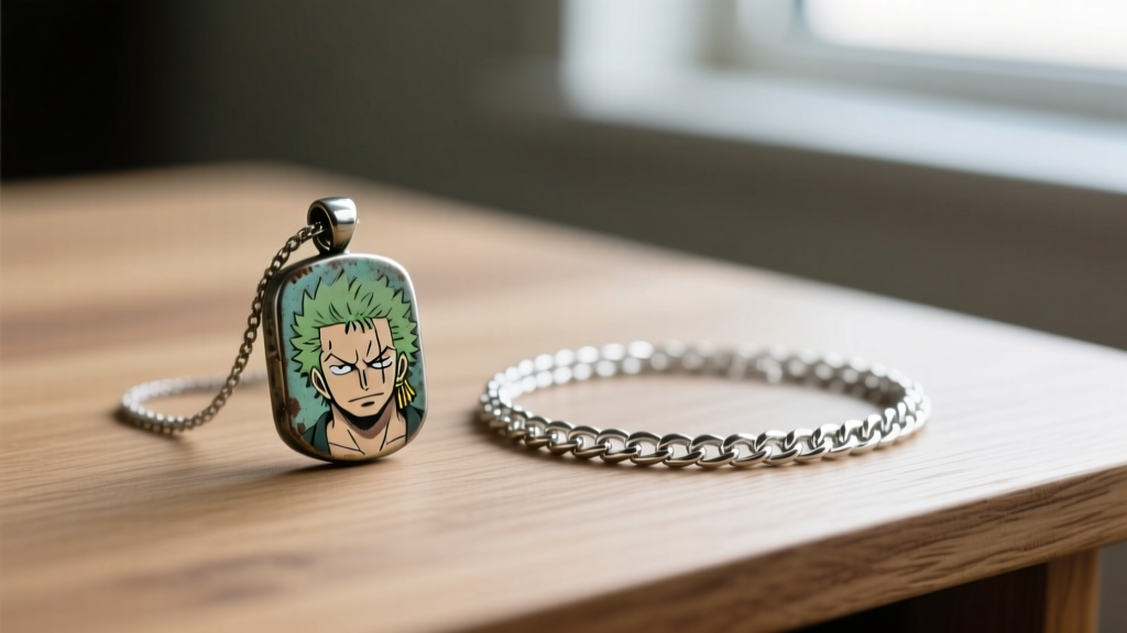 Macro view comparing a tarnished zinc alloy anime pendant and a bright 925 sterling silver Mihawk necklace chain on a wooden desk