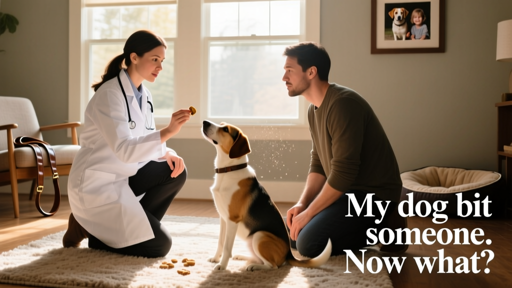 A veterinary behaviorist calmly guiding a dog owner through positive-reinforcement training using treats and gentle cues