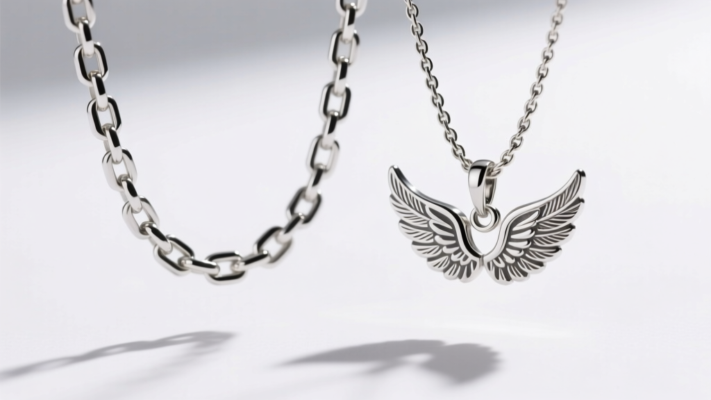 Macro shot of a 1.2mm sterling silver box chain and a 0.9mm rope chain holding angel wing pendants under bright studio lighting