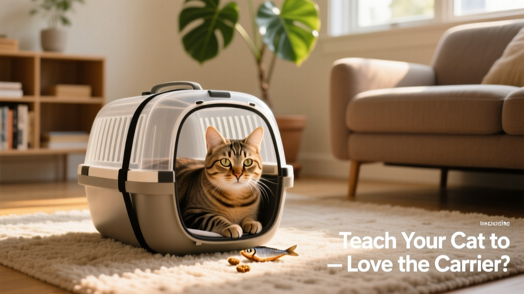 A cat sitting peacefully inside a covered carrier placed on a living room rug, with a treat nearby