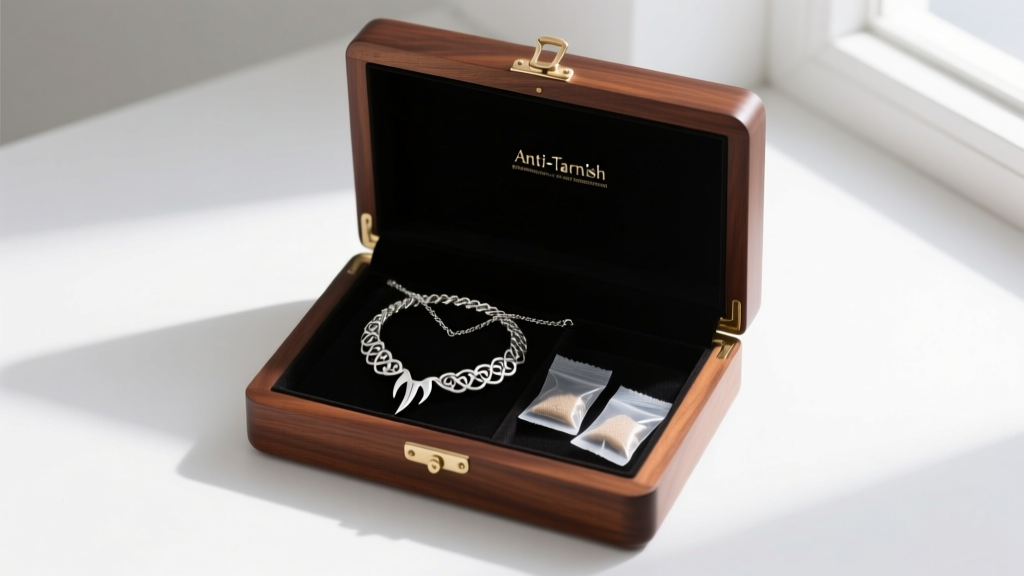 Open anti-tarnish mahogany box showing a reaper tooth necklace coiled in a figure-eight pattern beside small silica gel packets.