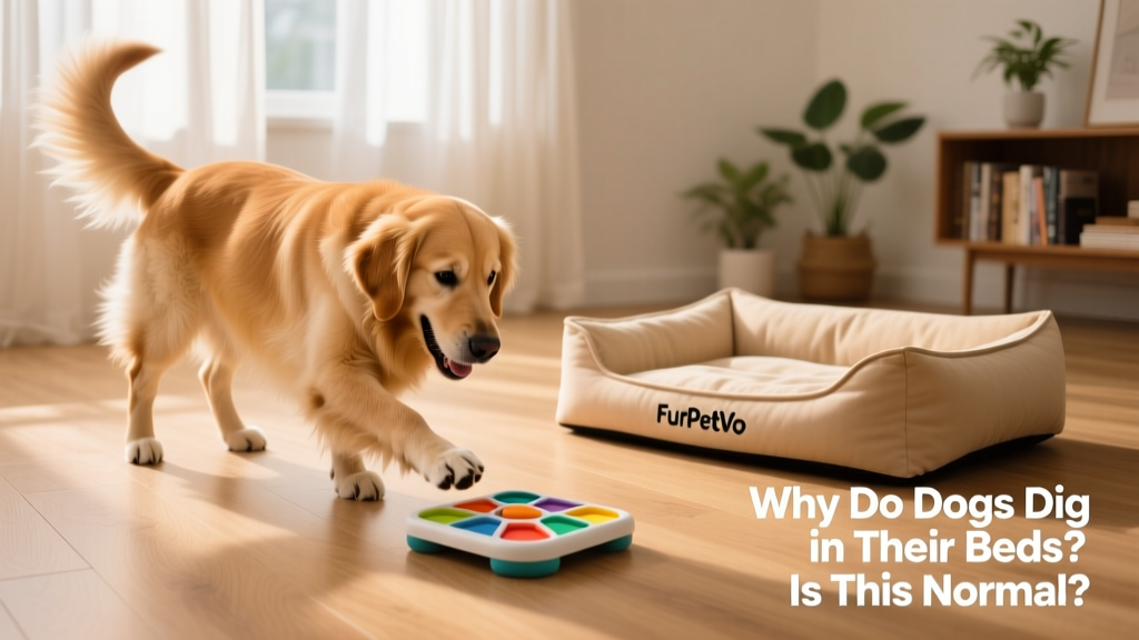A happy dog interacting with a FurPetVo puzzle toy on the floor, with a clean FurPetVo dog bed visible nearby