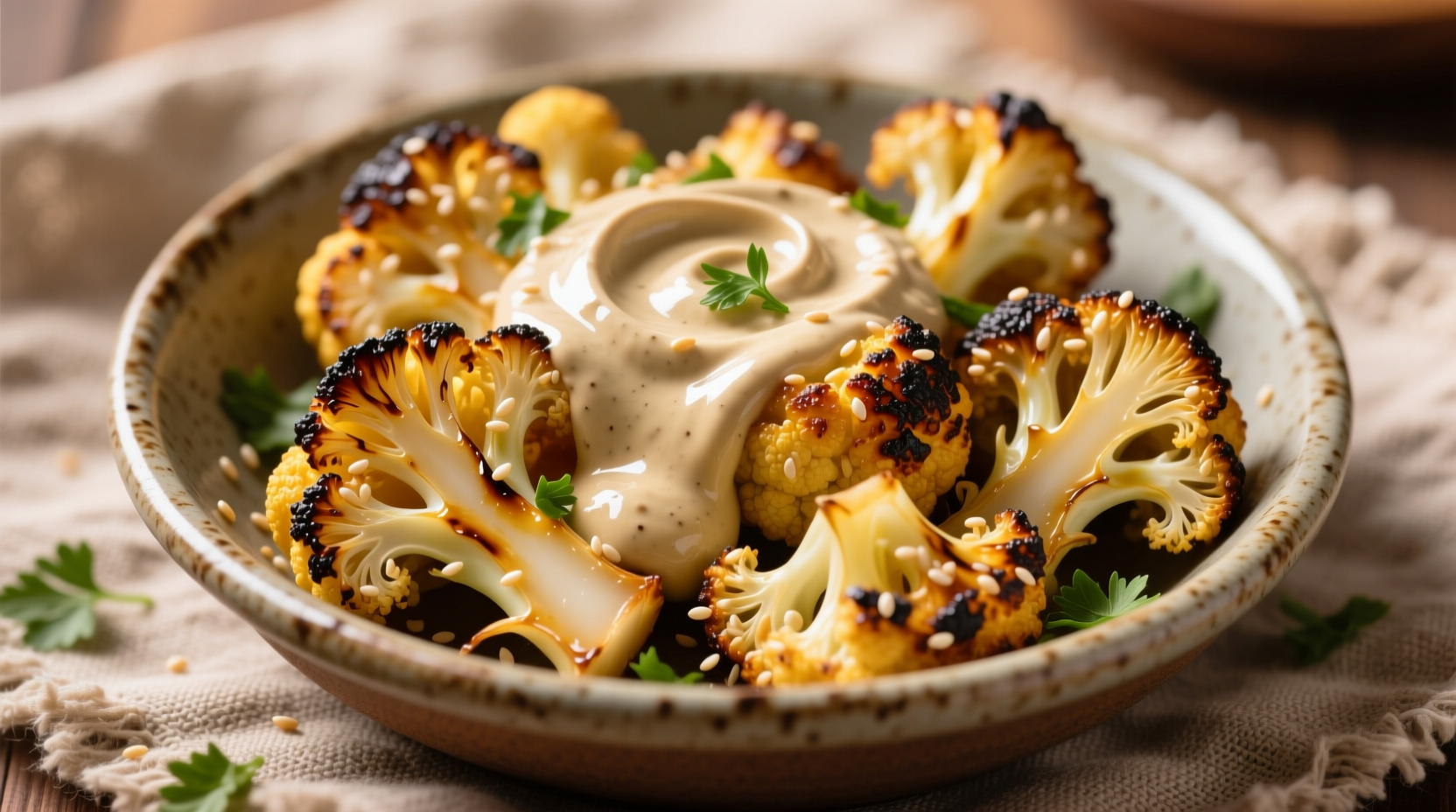 Golden roasted cauliflower with creamy tahini drizzle