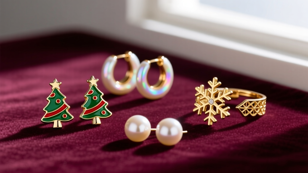 Flat lay of holiday earring trends including enamel Christmas tree studs, pearl huggies, and gold snowflake ear cuffs on velvet