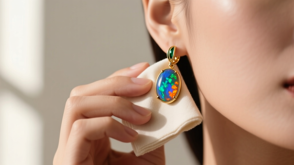 Woman gently wiping an opal inlay gold earring with a microfiber cloth, soft natural window light highlighting the gemstone.
