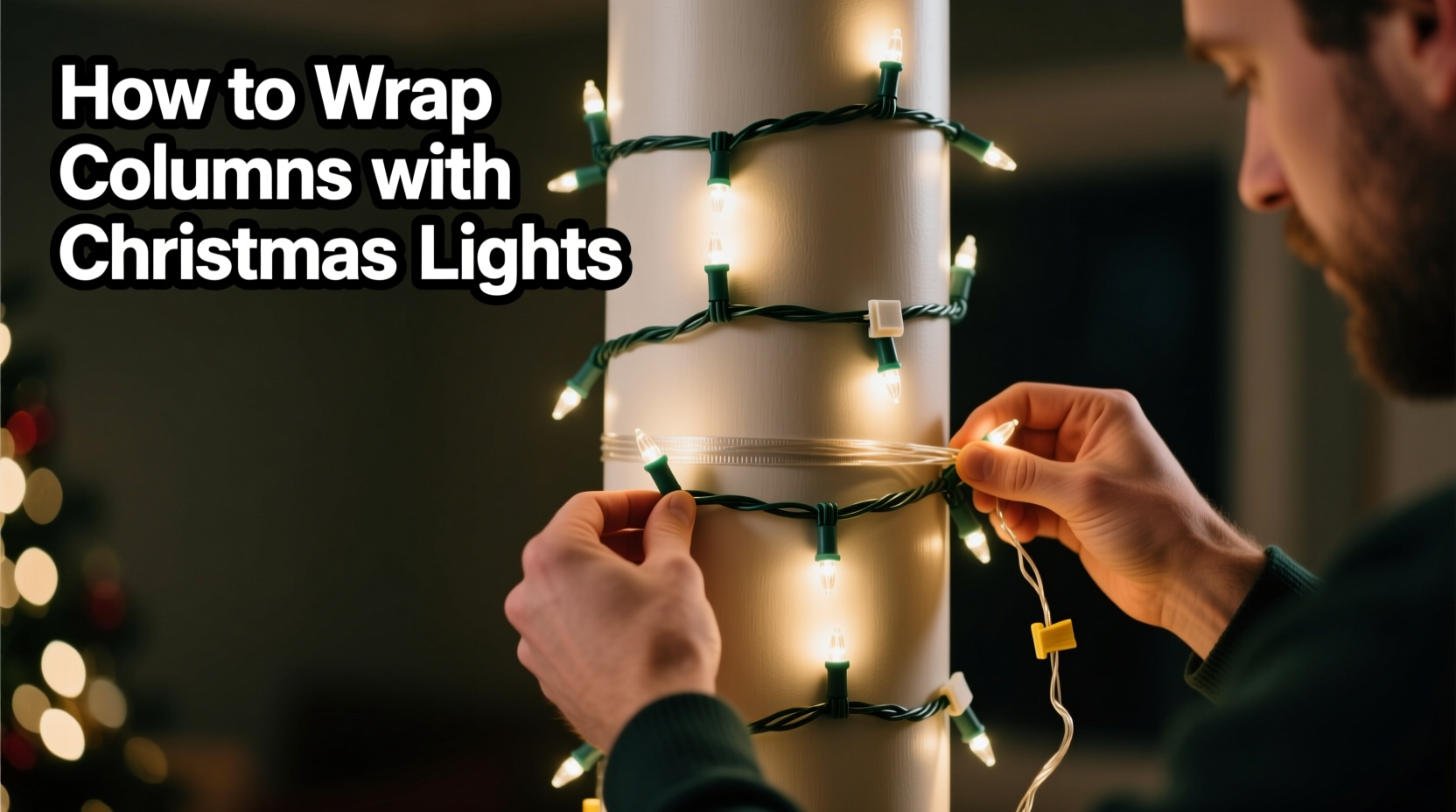how to wrap columns or pillars with christmas lights evenly and securely