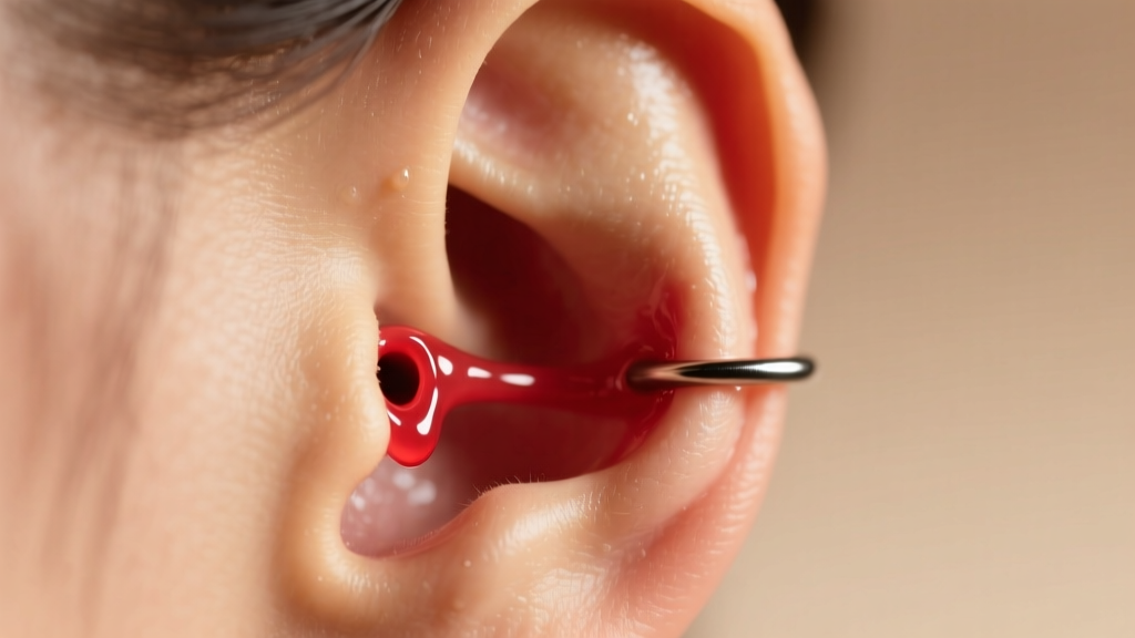 Macro photo of a swollen earlobe piercing with redness around the fistula, lit by a clinical ring light against a warm skin tone.