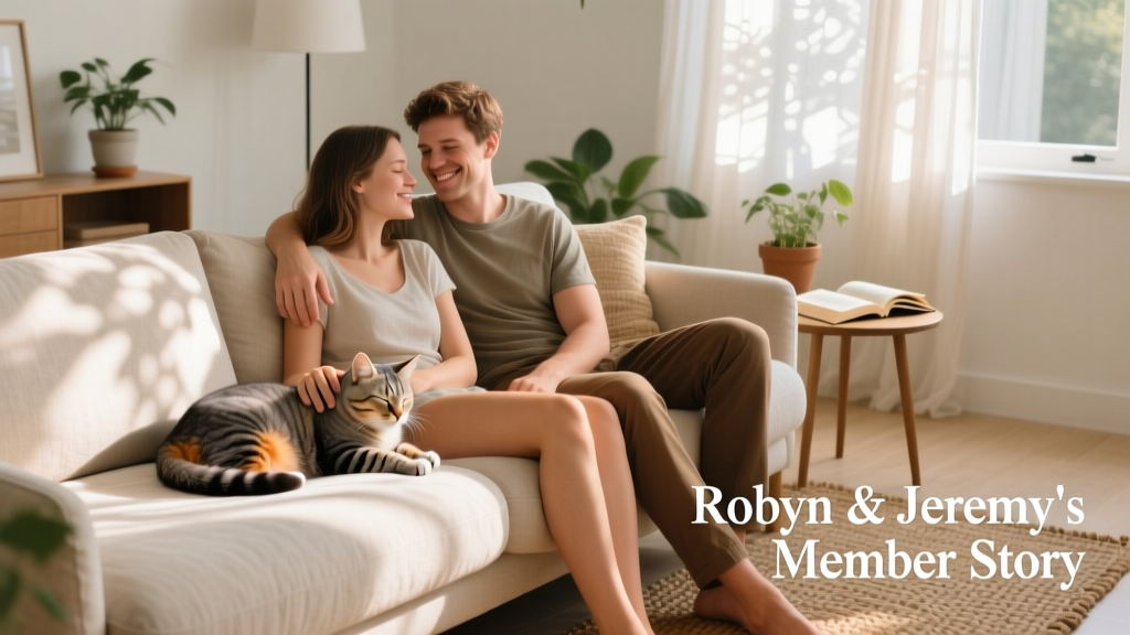 Robyn and Jeremy relaxing on a sun-dappled sofa with a sleepy senior cat curled beside them