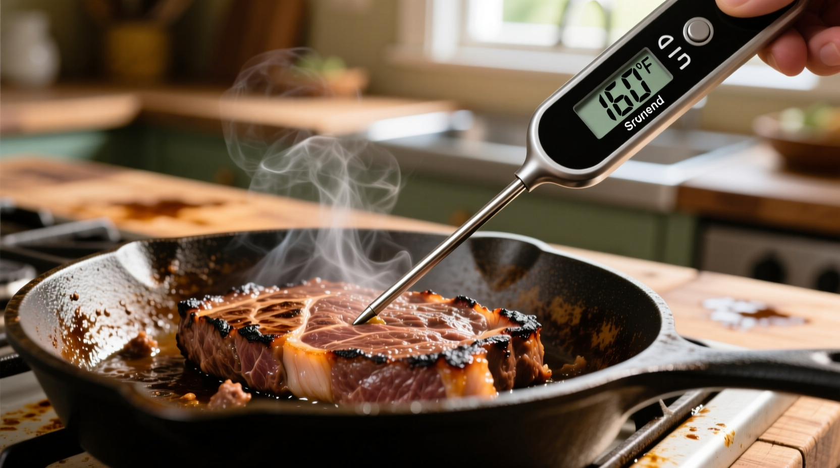 Food thermometer measuring ground beef temperature in skillet