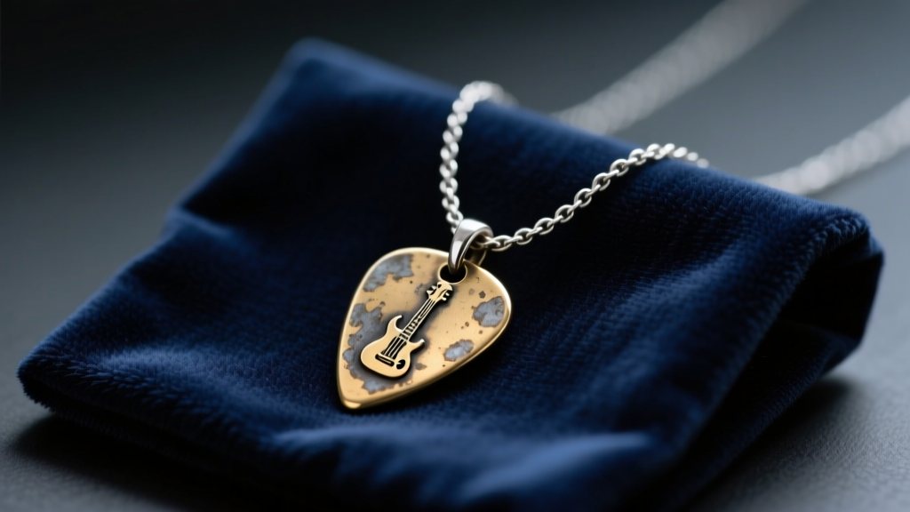 Close-up of a tarnished sterling silver necklace with a brass guitar pick pendant resting on a dark velvet jewelry cleaning cloth