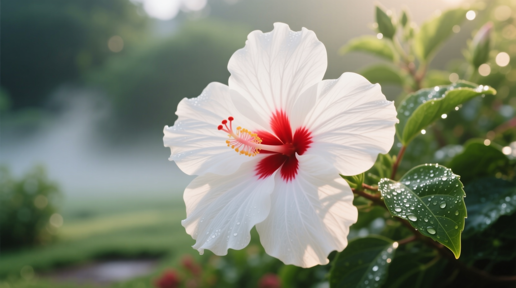 white hibiscus flower with red center