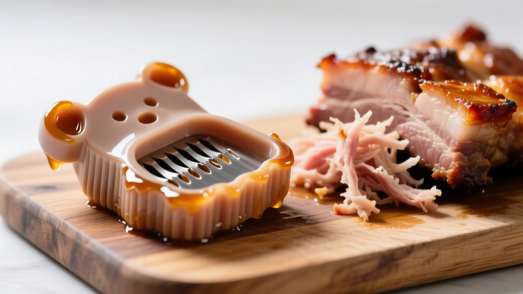 Close-up of warped plastic bear claw meat shredders on a wooden cutting board next to pulled pork, highlighting melted edges