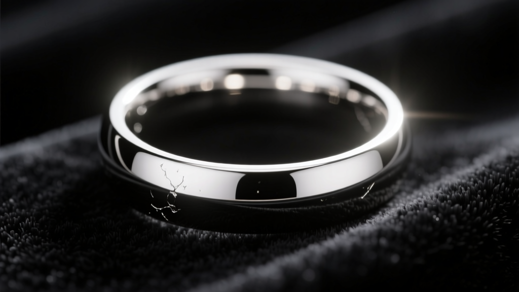 Macro photography of a brilliant high-polish platinum wedding band resting on dark velvet, reflecting soft, warm studio lighting.